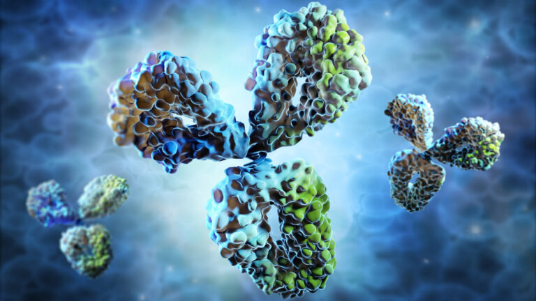 Medical 3D illustration of antibodies with a cell background.