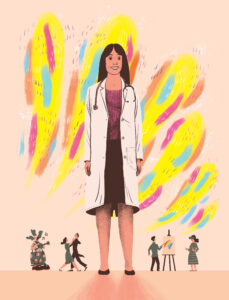 Illustration of a female doctor standing with miniature people underneath