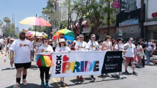 Keck Pride participants walk in the 2022 Los Angeles Pride parade.