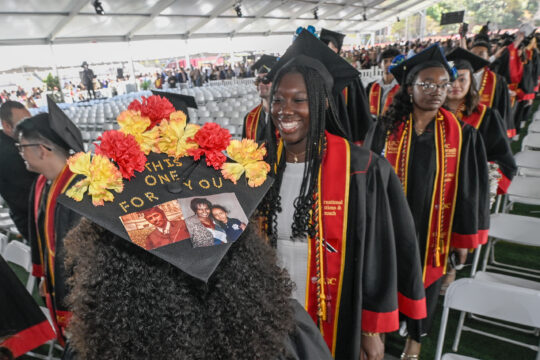 A line of USC students preparing for their graduation ceremony