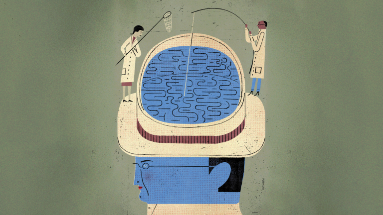 An illustration of two doctors fishing in man's brain