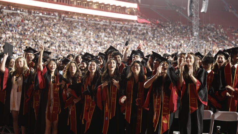 Graduating students stand and celebrate on the field of L.A. Memorial Coliseum Pane Image 1