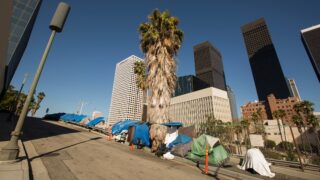 Unhoused people in downtown Los Angeles