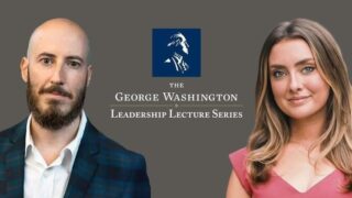 Portraits of two speakers alongside the title “The George Washington Leadership Lecture Series.”