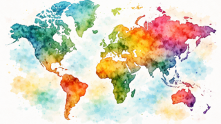 Colorful watercolor illustration of a world map. Generated by AI